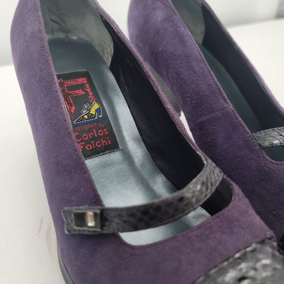 Carlos Falchi Vintage Size 6.5 Purple Suede Leather high Heels Retro Square Toe - Picture 6 of 9